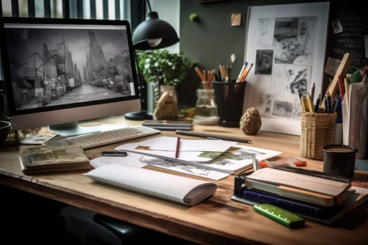 graphic designer home office and creative desk Generative AI.