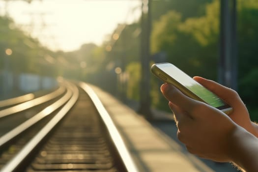 Close up Hand of human using mobile phone at railway station Generative AI.