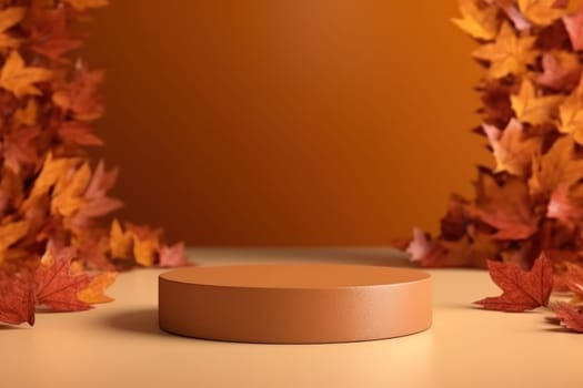 Minimal podium mockup on autumn background. Generative AI.