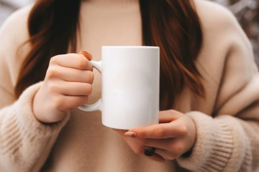 Closeup of hand holding of white mug or cup isolated Generative AI.