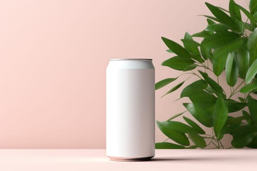 White Blank beer can Mockup with natural theme background Generative AI.