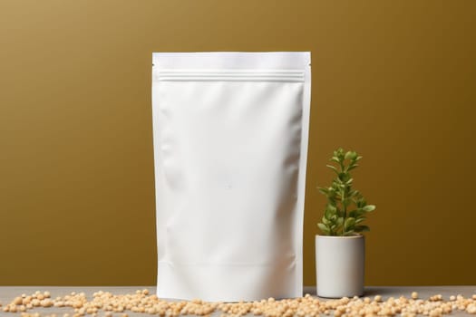 White Blank Coffee bag Pack Mockup Stand Up with pastel natural theme background Generative AI.