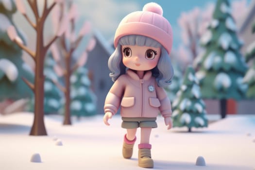 A girl walking in winter season concept 3d Tiny cute isometric Generative AI.