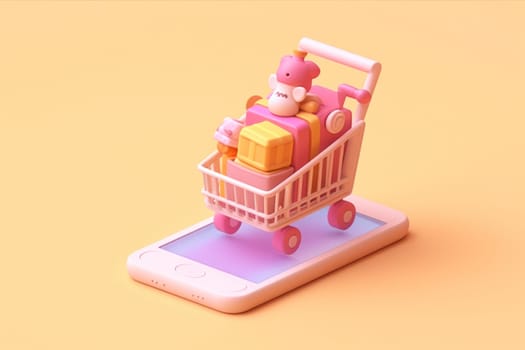 Online shopping isometric concept Shopping cart and mobile Tiny 3D render Generative AI.