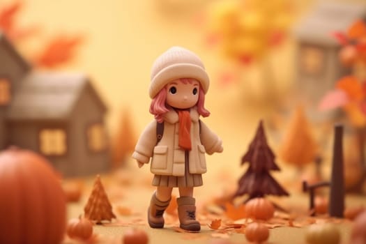A girl walking in autumn season concept 3d Tiny cute isometric Generative AI.
