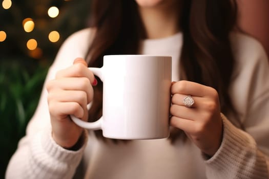 Closeup of hand holding of white mug or cup isolated Generative AI.