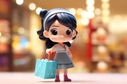 A girl and shopping cart shopping concept 3d Tiny cute isometric Generative AI.