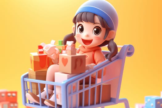 A girl and shopping cart shopping concept 3d Tiny cute isometric Generative AI.