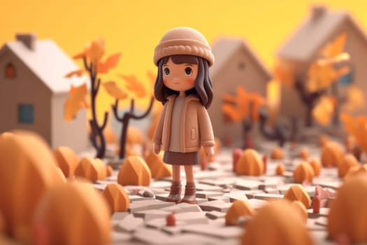 A girl walking in autumn season concept 3d Tiny cute isometric Generative AI.