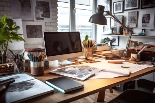 graphic designer home office and creative desk Generative AI.