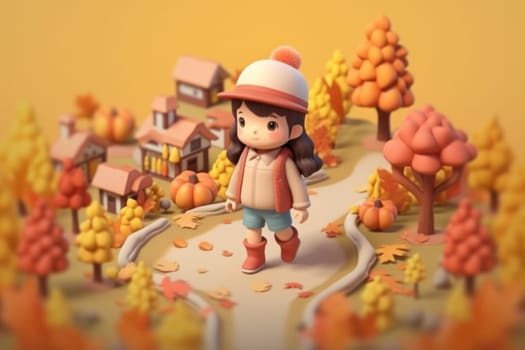A girl walking in autumn season concept 3d Tiny cute isometric Generative AI.