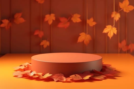 Minimal podium mockup on autumn background. Generative AI.