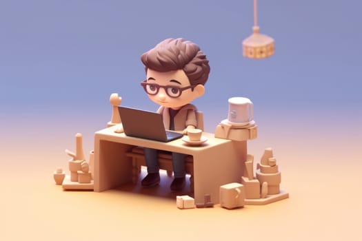 A business boy working with laptop on desk Tiny cute isometric 3D render Generative AI.