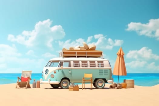Summer vacation travel holiday van and beach accessories with beautiful sea background Generative AI.