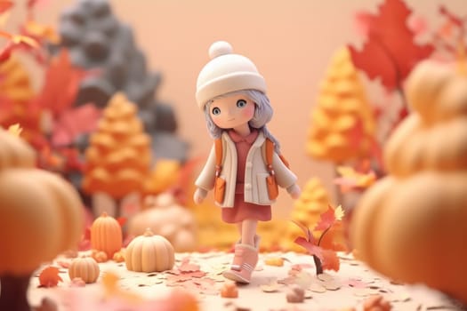 A girl walking in autumn season concept 3d Tiny cute isometric Generative AI.