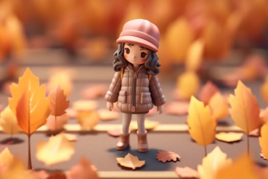 A girl walking in autumn season concept 3d Tiny cute isometric Generative AI.