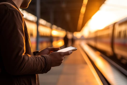 Close up Hand of human using mobile phone at railway station Generative AI.