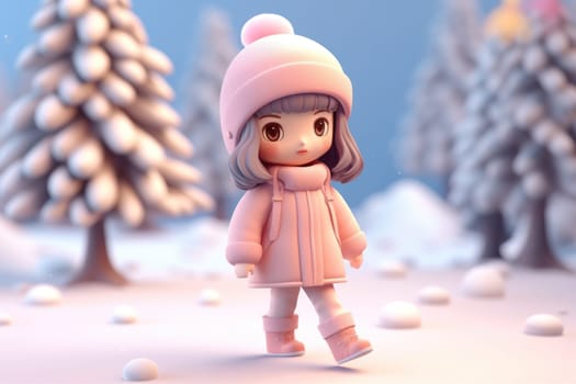 A girl walking in winter season concept 3d Tiny cute isometric Generative AI.