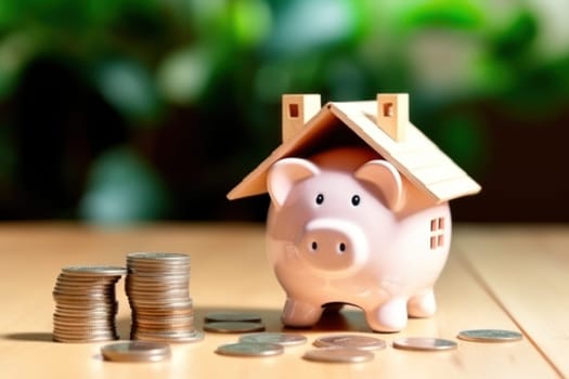 Model house piggy bank and coin Generative AI.