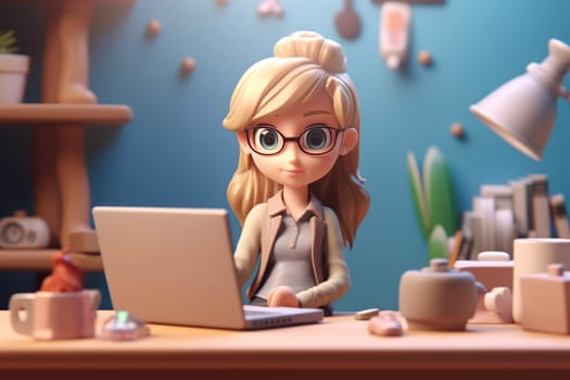 A business girl working with laptop on desk 3D Tiny cute isometric Generative AI.