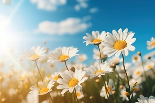Field of blooming Daisies and blue sky Generative AI.