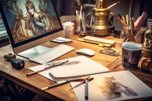graphic designer home office and creative desk Generative AI.