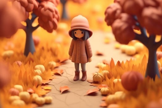 A girl walking in autumn season concept 3d Tiny cute isometric Generative AI.
