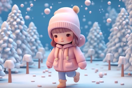 A girl walking in winter season concept 3d Tiny cute isometric Generative AI.