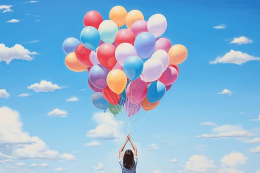 Creative scene with a hand holding a bunch of colorful balloons Generative AI.