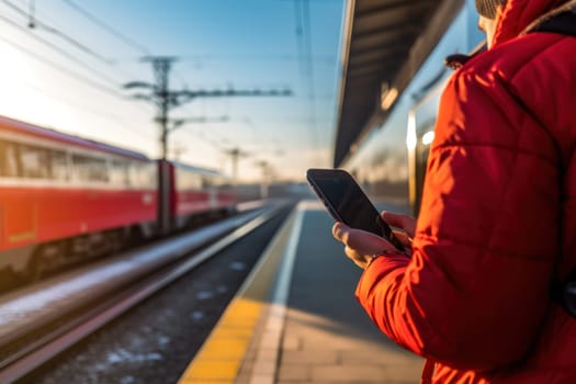 Close up Hand of human using mobile phone at railway station Generative AI.