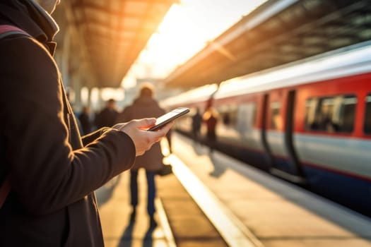 Close up Hand of human using mobile phone at railway station Generative AI.