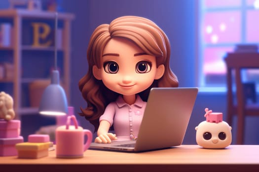 A business girl working with laptop on desk 3D Tiny cute isometric Generative AI.