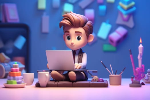 A business boy working with laptop on desk 3D Tiny cute isometric Generative AI.