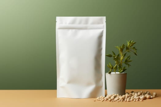 White Blank Coffee bag Pack Mockup Stand Up with pastel natural theme background Generative AI.
