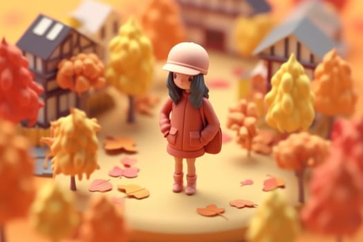 A girl walking in autumn season concept 3d Tiny cute isometric Generative AI.
