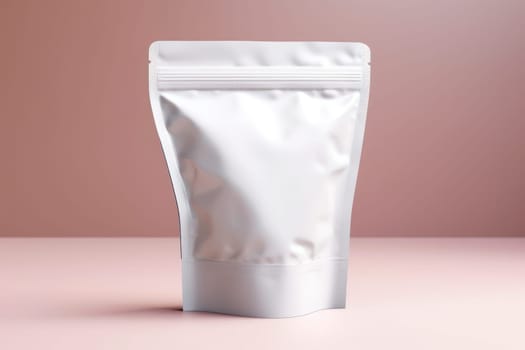 White Blank Coffee bag Pack Mockup Stand Up with pastel natural theme background Generative AI.