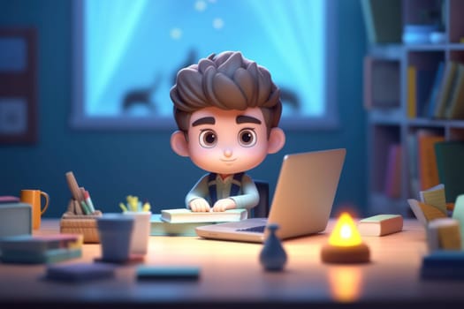 A business boy working with laptop on desk 3D Tiny cute isometric Generative AI.