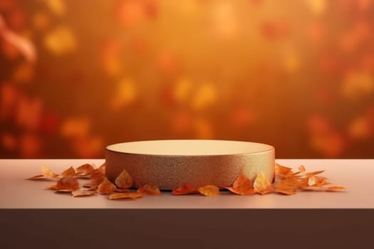 Minimal podium mockup on autumn background. Generative AI.