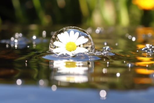 Fresh white daisy with water droplets and a reflection Generative AI.