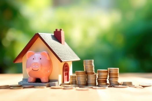 Model house piggy bank and coin Generative AI.