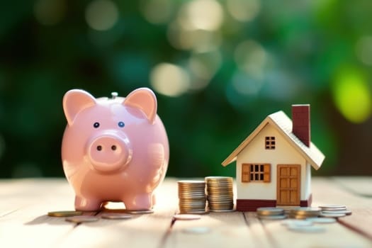 Model house piggy bank and coin Generative AI.