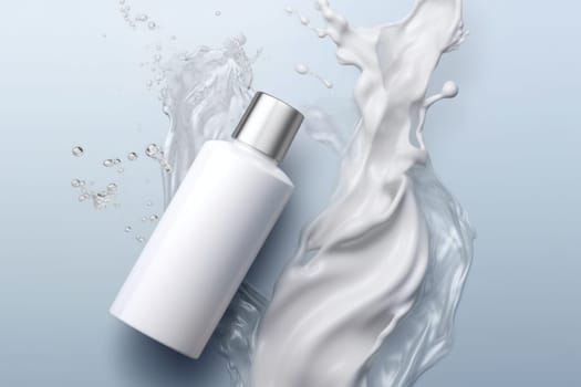 Cream bottle mock up in water splash background 3D render Generative AI.