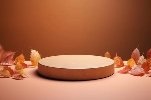 Minimal podium mockup on autumn background. Generative AI.