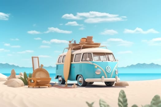 Summer vacation travel holiday van and beach accessories with beautiful sea background Generative AI.