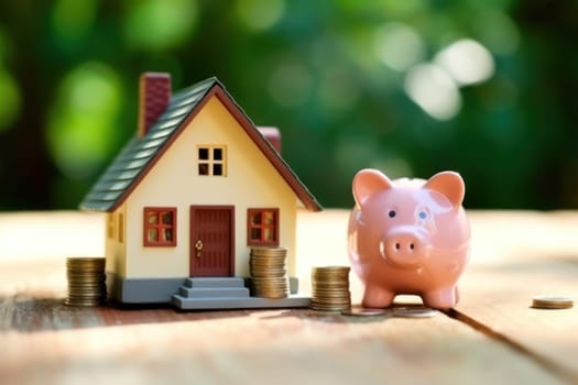 Model house piggy bank and coin Generative AI.