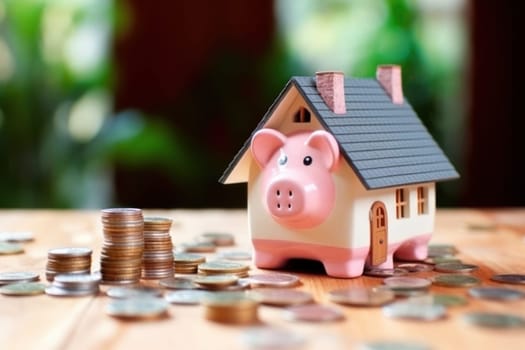 Model house piggy bank and coin Generative AI.