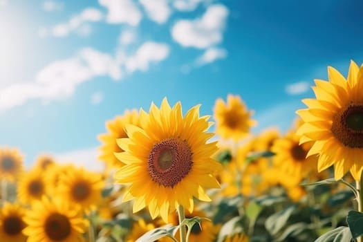 Field of blooming sunflowers and blue sky Generative AI.