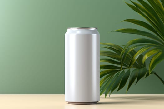 White Blank beer can Mockup with natural theme background Generative AI.