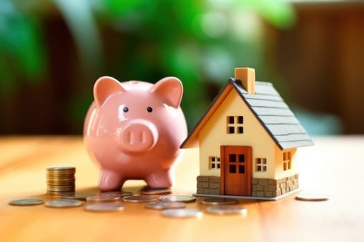 Model house piggy bank and coin Generative AI.