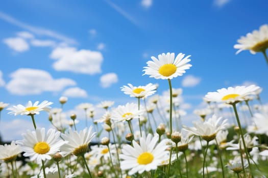 Field of blooming Daisies and blue sky Generative AI.